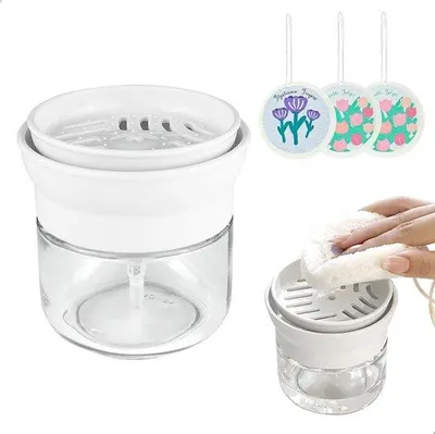 Zdjęcie produktu dla Unyqoos® dozownik i uchwyt na gąbkę 2 w 1, pojemność 280 ml, przezroczysty, demontowalny, wykonany z tworzywa PP i PS – oszczędzający miejsce dozownik płynu do mycia naczyń do kuchni