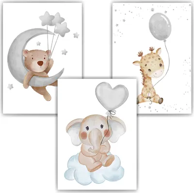 Produktbild von Süße Tiere 3er Set DIN A4 Kinderzimmer Wandbilder Babyzimmer Poster Dekoration Bär Elefant Giraffe
