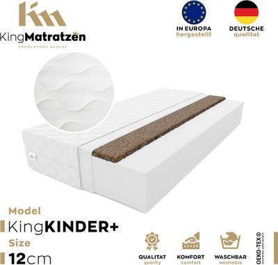 Kindermatratze KingKINDER PLUS 90 x 200 x 12 cm aus hochwertigem Kaltschaum | Rollmatratze mit waschbarem Bezug und Kokosmatte | H3/H4