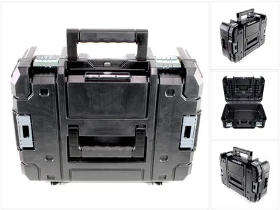 A black STANLEY FATMAX TSTAK Box II Werkzeugbox with two handles is shown against a white background. The image is a collage of different views of the toolbox.