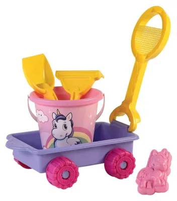 Immagine prodotto di Carrozzina unicorno con strumenti per acqua, sabbia e secchiello inclusi