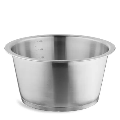 A stainless steel pot with measurement markings inside.