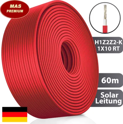 Produktbild von 60m Solarleitung Solarkabel H1Z2Z2-K 10 mm² Rot Photovoltaik Halogenfrei