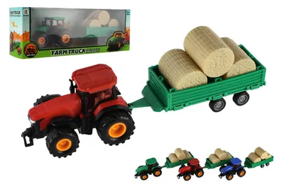 Obrázok produktu pre Traktor s prívesom s plastovými balíkmi (30 cm) na setrvačník, 3 farby v krabici (33 x 12 x 9 cm)