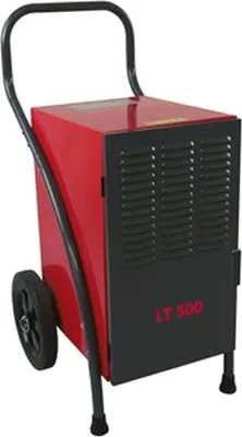 A red and black dehumidifier with wheels and a handle, shown from a three-quarter front angle.