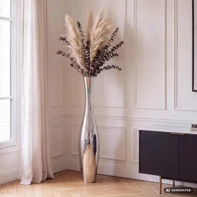 Zdjęcie produktu dla FineBuy – wazon dekoracyjny 100 cm, aluminiowa dekoracja, nowoczesna dekoracja wnętrz, wazon na kwiaty, kolor srebrny, dekoracja stołowa, wazon designerski, wazon stołowy, Obraz wygenerowany przez AI