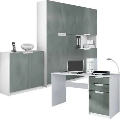 Produktbild von Vladon Büromöbel Arbeitszimmer komplett Set Logan,  Germany, Korpus in Weiß matt / Fronten in  Beton Dunkel Optik
