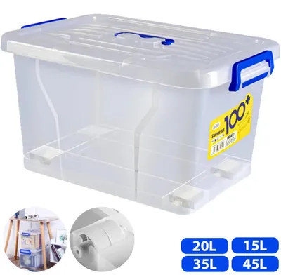 Image de Boîte de rangement sur roulettes, 35 litres - Boîte en plastique avec couvercle - Dotée de poignées de transport - Pour ranger les vêtements - Pour ranger les jouets - Transparente