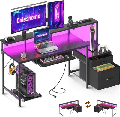 Immagine prodotto di Scrivania con cassetti 140x48cm Nero Vassoio per tastiera USB LED Supporto per monitor