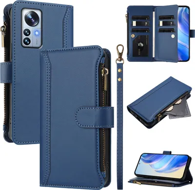 Image de Etui pour Xiaomi 12 Pro/12S Pro, zippé, étui portefeuille en cuirPolyuréthaneavec pochettes pour cartes, support et dragonne bleu
