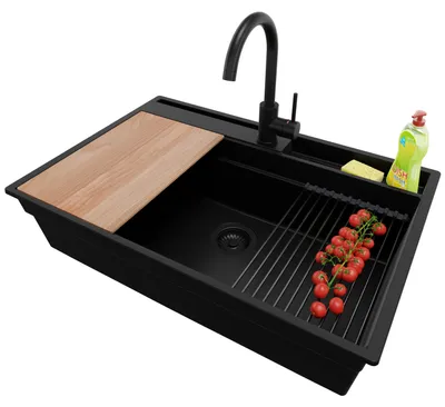 Produktbild von PRIMAGRAN Granitspüle Alles Schwarz 78x53cm, Spülbecken 1 Becken + Ablauf-Set + Küchenzubehörset, Küchenspüle ab 80er Unterschrank - Oslo Pocket