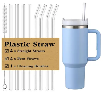 Image de Ensemble de 8 pailles pour gobelets Stanley Cup de 40/30 oz, en Tritan transparent, avec brosse de nettoyage