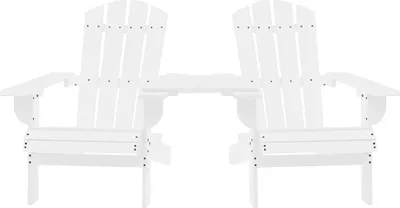 Two white Adirondack chairs with a connecting table between them, isolated on a white background.