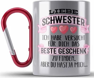 Produktbild von Trendation - Beste Schwester Geschenk Edelstahl Tasse Karabiner Karabiner Edelstahl Tasse Karabiner Edelstahl Geburtstag Weihnachten Geschenkideen Schwestern Bruder Lustig (Rot)