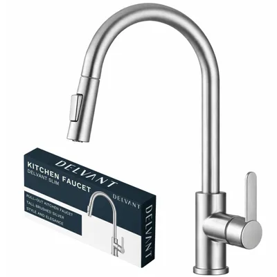 Produktbild von Delvant SLIM Küchenarmatur Gebürstetes Silber, Wasserhahn mit ausziehbarer Brause, 360° schwenkbar, Edelstahl Einhebelmischer für Spüle, 2 Strahlarten