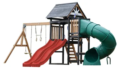 Productafbeelding van AXI Cody Speeltoestel van Hout met 2 Schommels & Dubbele Glijbaan in Rod & BuisGlijbaan | Speeltoren voor Kinderen met Klimwand & Trapeze| Inclusief Accessoires | Speeltoestel voor in de tuin