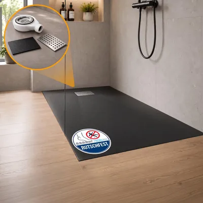 Produktbild von Dalsys Duschwanne 120x80cm mit Ablaufgarnitur - flache Duschtasse in Steinoptik inkl. Siphon - bodengleiche Dusche schwarz