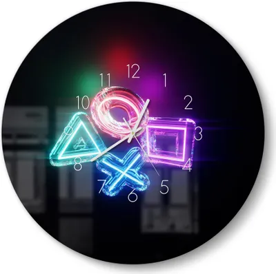 Produktbild von DEQORI Glasuhr Ø50 cm Zahlen 'Neon Gaming Symbole' Wanduhr Glas Uhr Design leise Küchenuhr