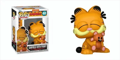 A Funko Pop! vinyl figure of Garfield holding his teddy bear, Pooky, shown both in its packaging and out of the box.