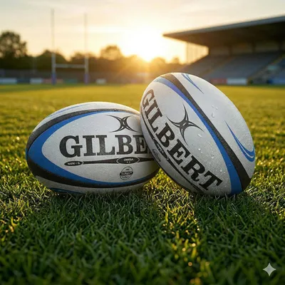 Image de Gilbert Omega Match (Size 5) Ballon De Rugby - Blanc / Bleu / Noir  | Taille: 5