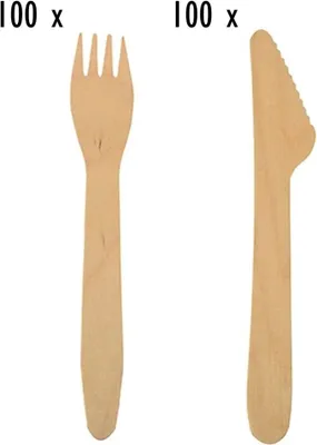 Produktbild von tradingbay24 Einwegbesteck-Set aus Holz 200 teilig (je 100 Holzgabeln, Holzmesser) tbK0035 Holzbesteck-Set Partybesteck-Set umweltfreundlich biologisch abbaubar
