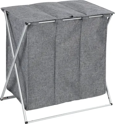 A grey, three-compartment laundry sorter with a metal frame, shown against a white background.