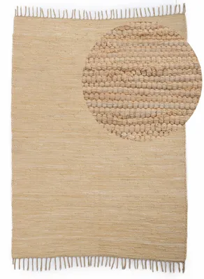 Produktbild von Flickenteppich Kelim Chindi Uni Beige 140x200 cm, handgewebt | Fleckerlteppich aus Baumwolle für Wohnzimmermit Fransen