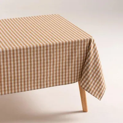 Imagen del producto de GAMUSI NOVY: Mantel resistente a las manchas, diseño de cuadros vichy que imita el lino, certificado ®, color taupe, dimensiones 140x300 cm