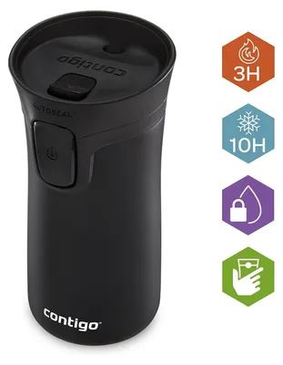 A black Contigo travel mug with icons indicating its features.