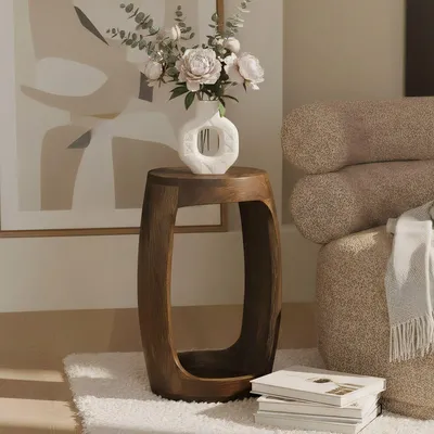 Zdjęcie produktu dla FineBuy – okrągły stolik pomocniczy z litego drewna mangowego, średnica 30 cm. Okrągły stolik kawowy z otwartą półką. Ręcznie wykonany stolik do salonu o nowoczesnym wyglądzie, z prawdziwego drewna