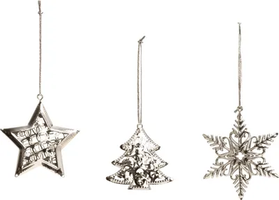 Produktbild von 12 Stück Weihnachtsanhänger Metall Silber Schneeflocke Stern Tanne