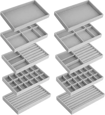 Zdjęcie produktu dla Pudełko organizacyjne Fluwele na naszyjniki, bransoletki, pierścionki i kolczyki – 21 x 12 x 2,5 cm – zestaw 10 sztuk, które można ustawiać jedno na drugim