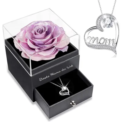 Productafbeelding van Cadeauset: Eeuwige roos met ketting "Mama" van 925 sterling zilver, roze-paars
