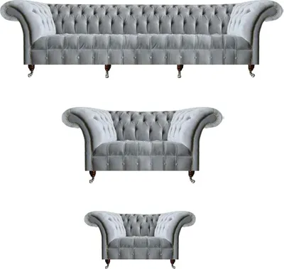 Produktbild von Hellgraue Wohnzimmer Chesterfield Sofas Sessel 2-Sitzer Viersitzer 3tlg