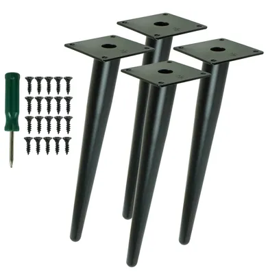 Four black metal table legs and a set of screws with a screwdriver on a white background.