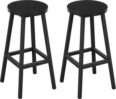 Two black bar stools are shown against a white background.