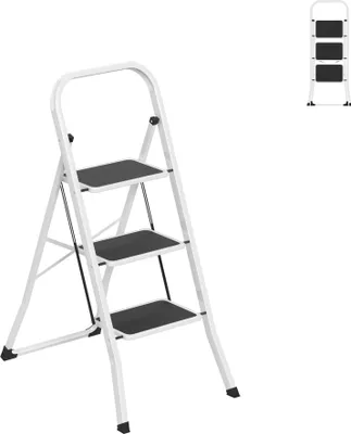 Produktbild von UISEBRT 3 Stufen Metall Leiter Klappleiter Tritthocker Rutschfeste Stufenleiter Mehrzweckleiter Klapptritt Trittleiter Stehleiter bis 150 kg, Schwarz-Weiß