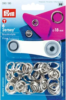 Obrázek produktu pro Stiskací knoflíky + narážeč Jersey, 18 mm, 6 ks, stříbrné