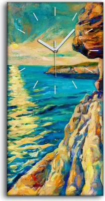 Produktbild von Wandbild Leinwand Bilder mit Uhr 30x60 Kunst Sonnenuntergang Meeresufer - weiße Hände