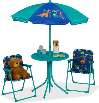 Produktbild von Relaxdays Camping Kindersitzgruppe, Dino Motiv, Kindersitzgarnitur mit Sonnenschirm, Klappstühlen, Tisch, Garten, türkis