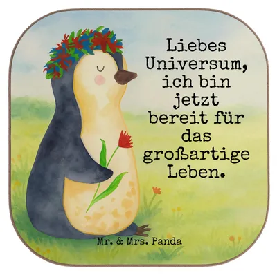 Produktbild von Mr. & Mrs. Panda Tischuntersetzer Pinguin Blumen Design - Weiß - Geschenk, Untersetzer für Gläser, Pinguine, gläseruntersetzer, Wünsche, Tasse, Tischschoner, Universum