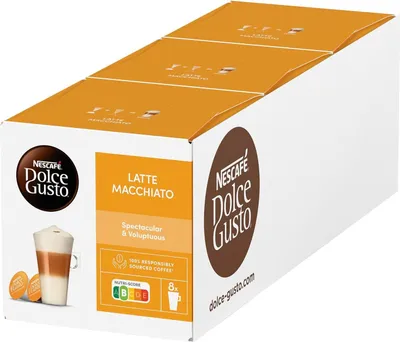 A box of Nescafé Dolce Gusto Latte Macchiato coffee capsules.