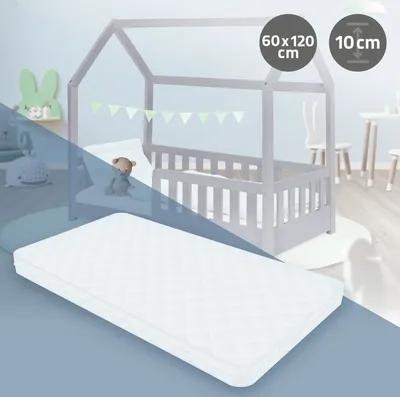A baby mattress is shown in front of a child's bed, with descriptive text overlays.