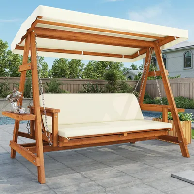 Produktbild von Merax Garten Hollywoodschaukel aus Lärchenholz, 3-Sitzer Gartenschaukel mit Sonnendach, Gartenmöbel mit Polsterkissen und Seitentischen,Windfest,Natur