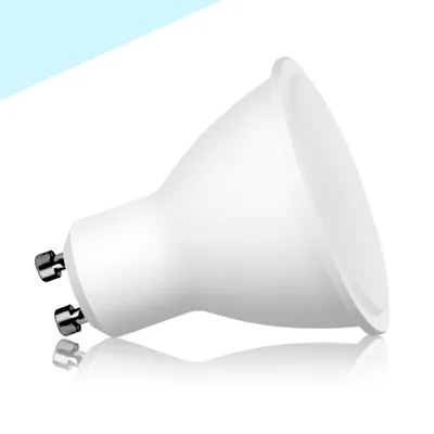 A single white LED bulb with two metal pins is shown against a white background with a light blue gradient in the upper left corner.
