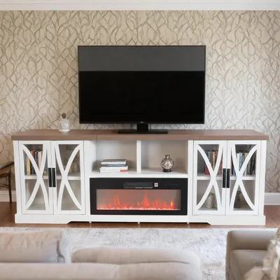 Produktbild von Parrot Uncle 237 cm breiter TV-Ständer mit elektrischem Kamin im Scheunentür-Design, realistischen 3D-Flammen, Fernbedienung und Touch-Steuerung