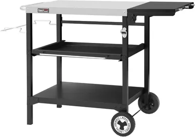 Image de Table de barbecue d'extérieur gourmet, à 3 niveaux, chariot de service avec plateau en acier inoxydable de 70 x 50 cm et étagère latérale rabattable de 30 x 50 cm, table d'appoint, barbecue