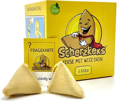 Produktbild von Scherzkeks® - eine Packung Heiterkeit, 5er Box Scherzkekse, 5 Kekse mit Flachwitze, Witz-Keks Vegan, Germany, Geschenkidee, Vegane Geschenke Gastgeschenke Geburtstag Glückskekse Glückskeks