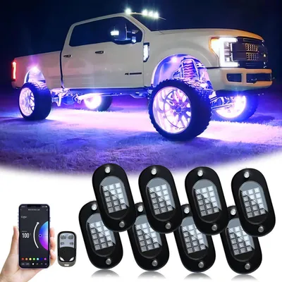 Zdjęcie produktu dla Zestaw oświetlenia LED RGB do samochodów, 8 lamp, sterowanie za pomocą aplikacji/pilota, tryb muzyczny, wodoodporność, napięcie zasilania 12V