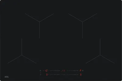 A top-down view of a black induction hob with four cooking zones marked by white lines. The control panel with red digital displays is at the bottom.